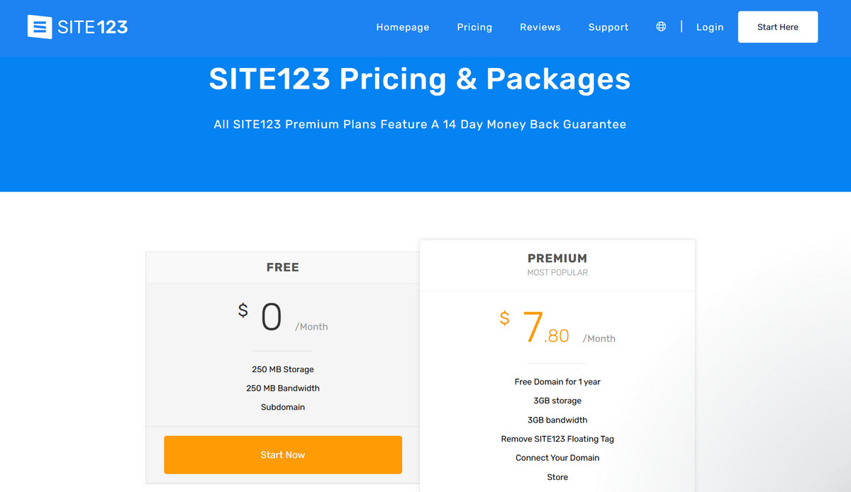 Site123 pricing